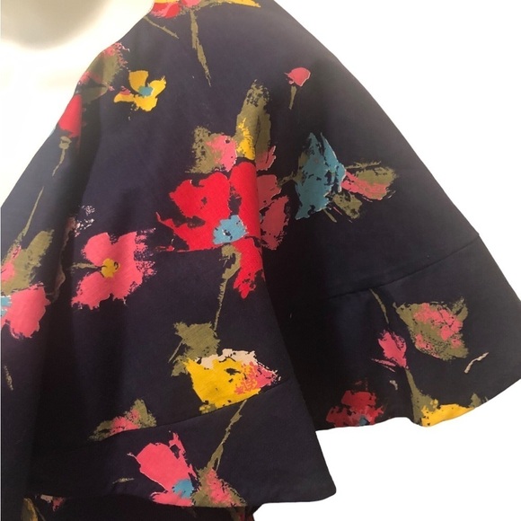 VTG 80’s Deep V Navy Floral Maxi Dress 12/14 Flowy Sleeve Collar Elastic Waist - Picture 5 of 8